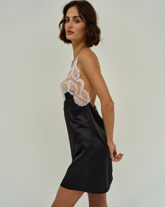 AGNI SILK-SATIN MINI DRESS WITH CHANTILLY LACE
